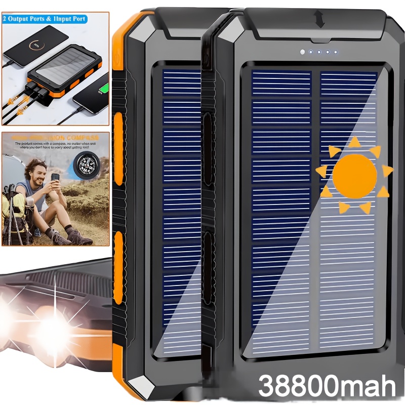 TEMU Solar Power Bank 38800mah, Portable Outdoor Solar Charger With Type-c Input Port Dual Flashlights & Usb Outputs External Backup Battery Pack For