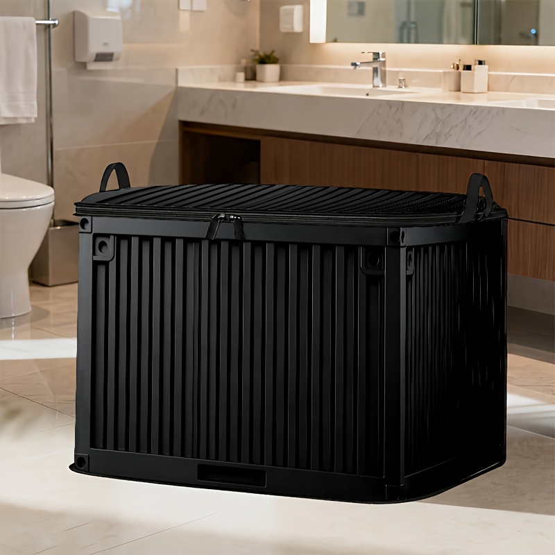 TEMU Black Vertical Stripe Grille Print Pattern Storage Box - Large Capacity Foldable Organizer, Modern Industrial Style Storage Bin - Suitable For