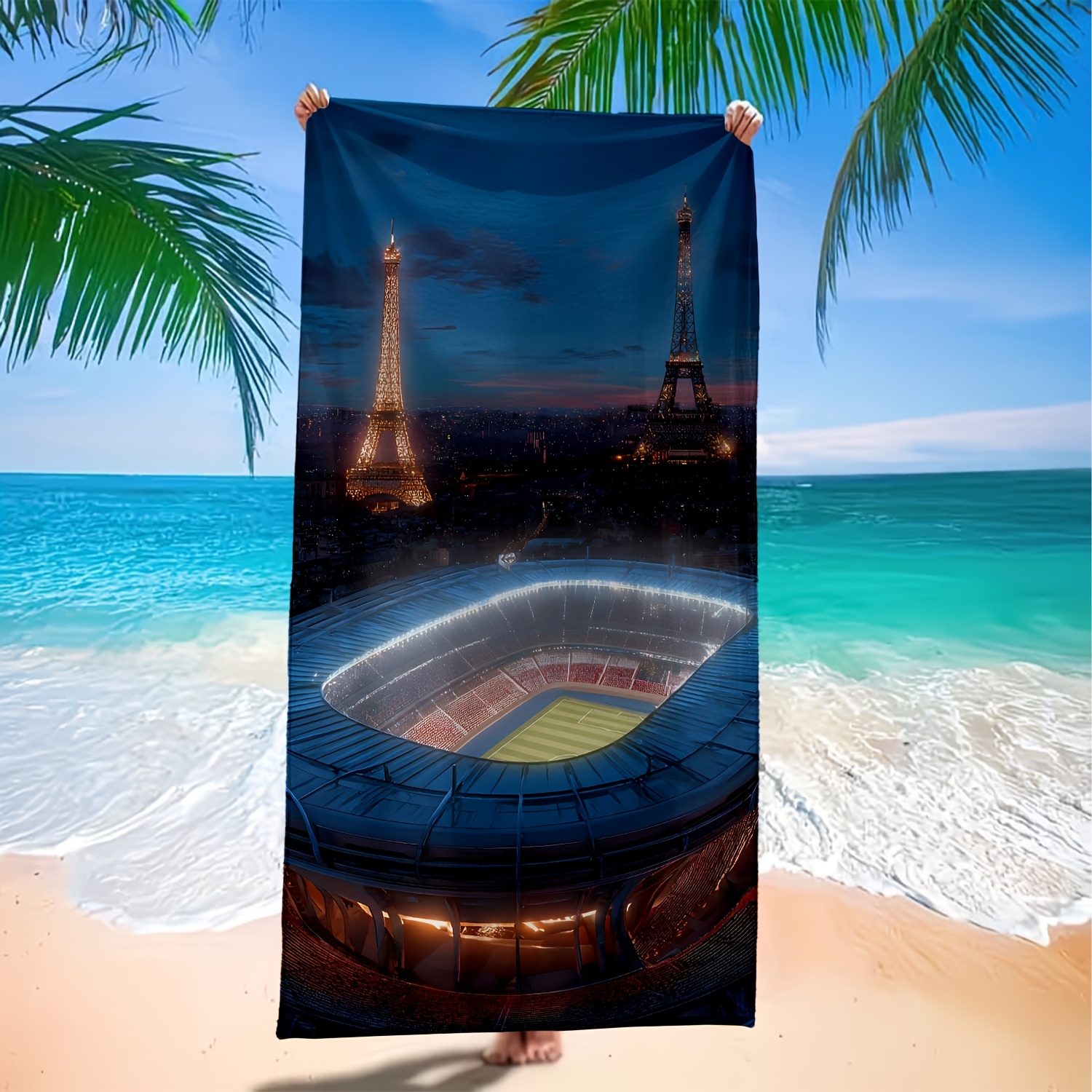 TEMU 1 pièce Serviette douce lumineuse Tours jumelles Course de nuit à Paris - Serviette de bain, serviette de plage - Accessoire de plage léger