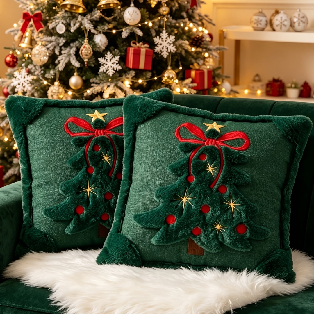 TEMU 2pcs Plush Bow Christmas Tree Pillow Covers, 18x18 Inches, Christmas Decoration, Soft And Comfortable, Star And Bow Christmas Tree Decoration