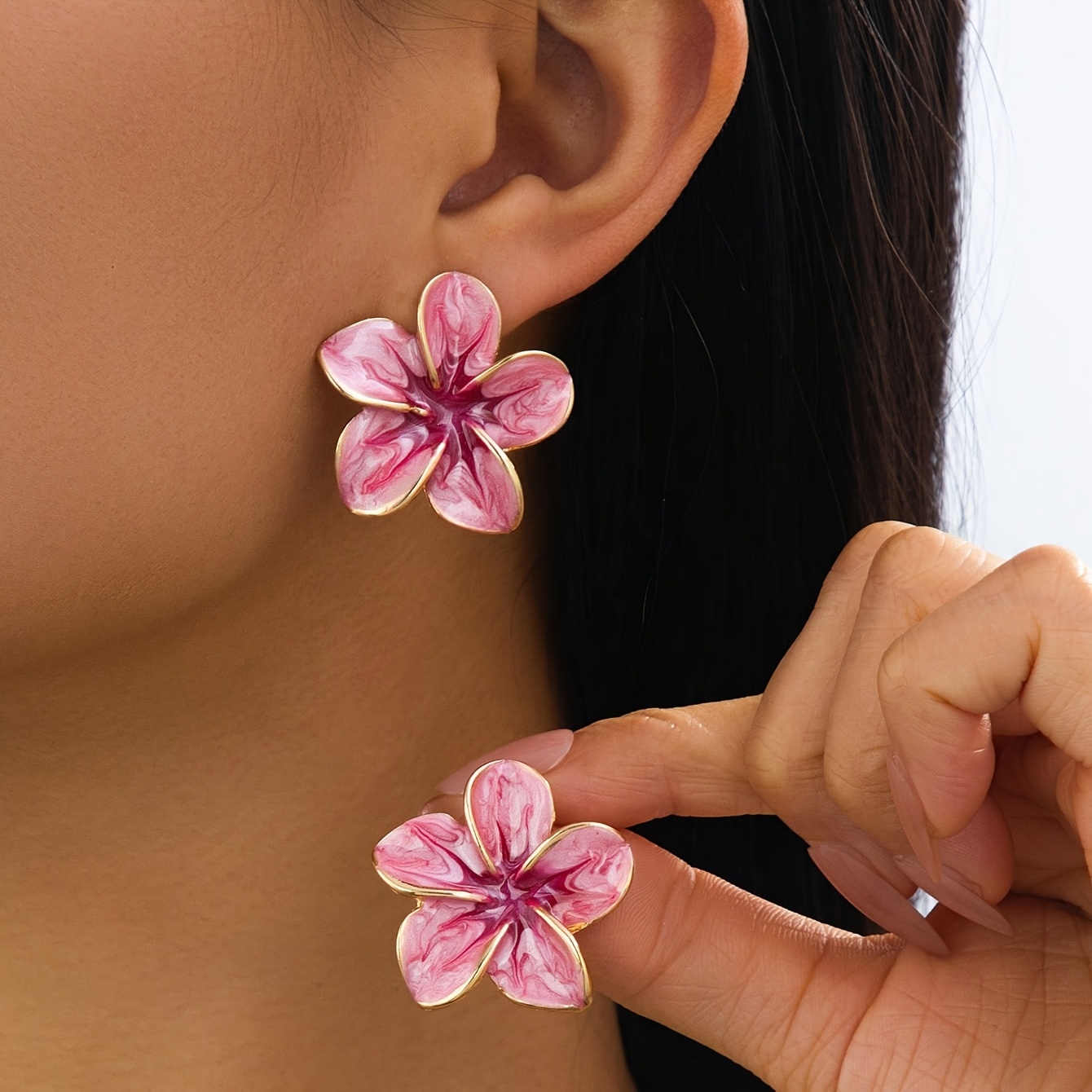 Image of A Pair Of Summer Beach Romantic, Elegant, Delicate, And Luxurious Handmade Oil Gradient Dyed Flower Earrings For Women