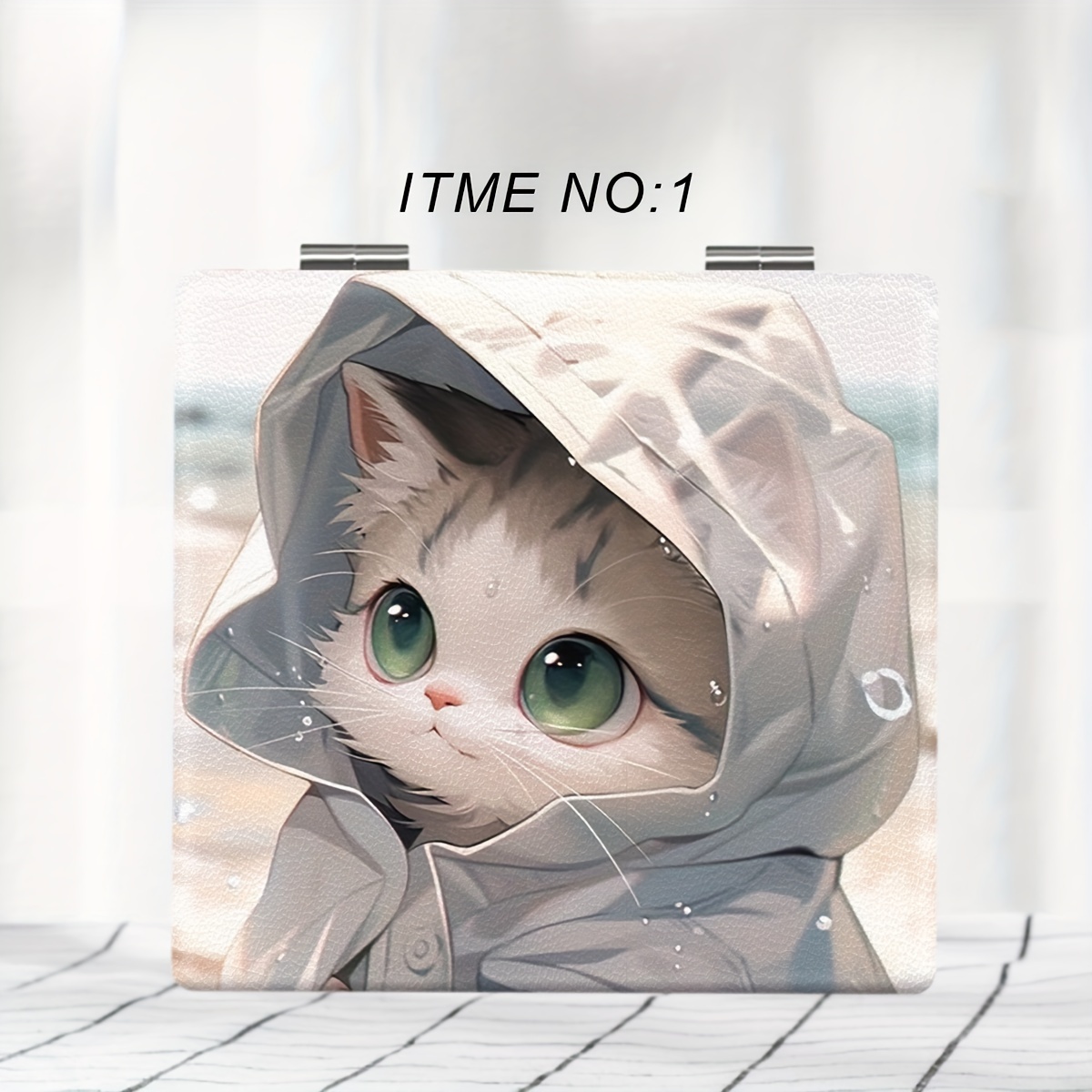 TEMU 愛らしい子猫のメイクアップミラー: 毎日の使用に最適な折りたたみ式ミニハンドヘルドミラー - 姉妹、友人、花嫁への完璧なギフト - 動物をテーマにした、パウダーコーティング、無香料、持ち運び可能、合成皮革製