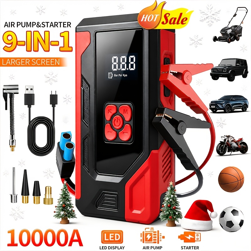 TEMU 10000aportable Car Emergency Supply Charger, Current, 180psi Air Pressure, Led Emergency Lighting, Supports Usb , Suitable As A Festival Gift Or