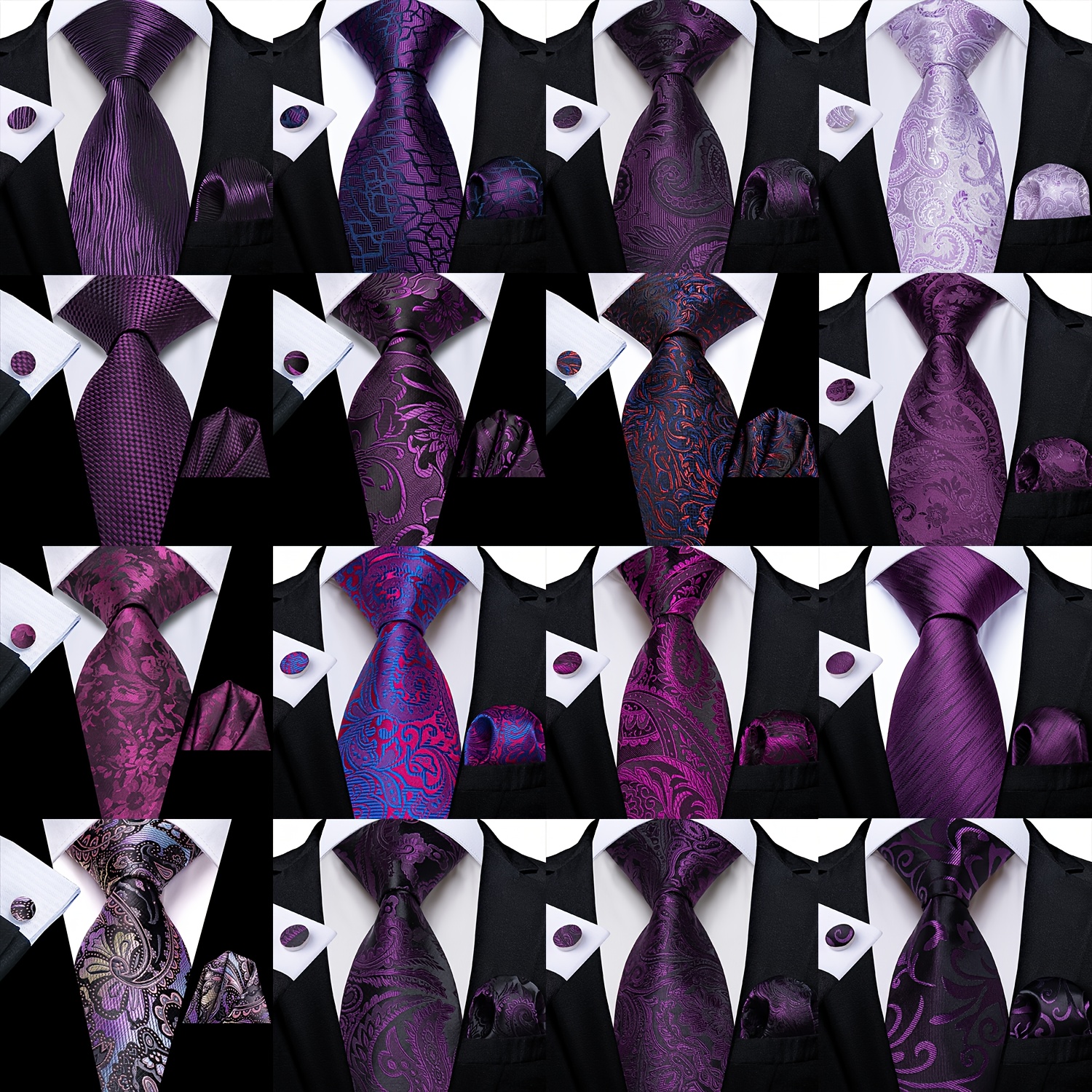 men s fashion casual tie set   1200 high density, purple paisley jacquard pattern   tie, handkerchief and cufflinks, 4pcs set suitable for everyday casual  , parties and social   0
