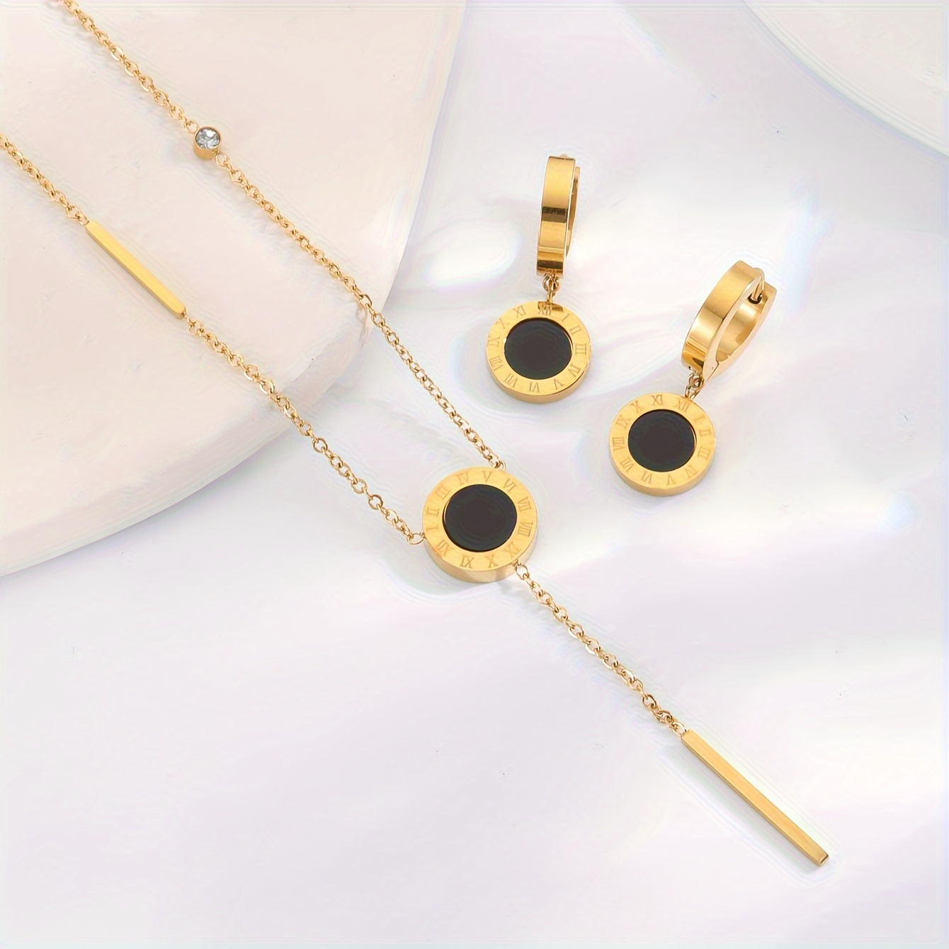 TEMU Drop Earrings + Necklace Elegant Jewelry Set 18k Gold Plated Made Of Stainless Steel Match Daily Outfits Party Accessories