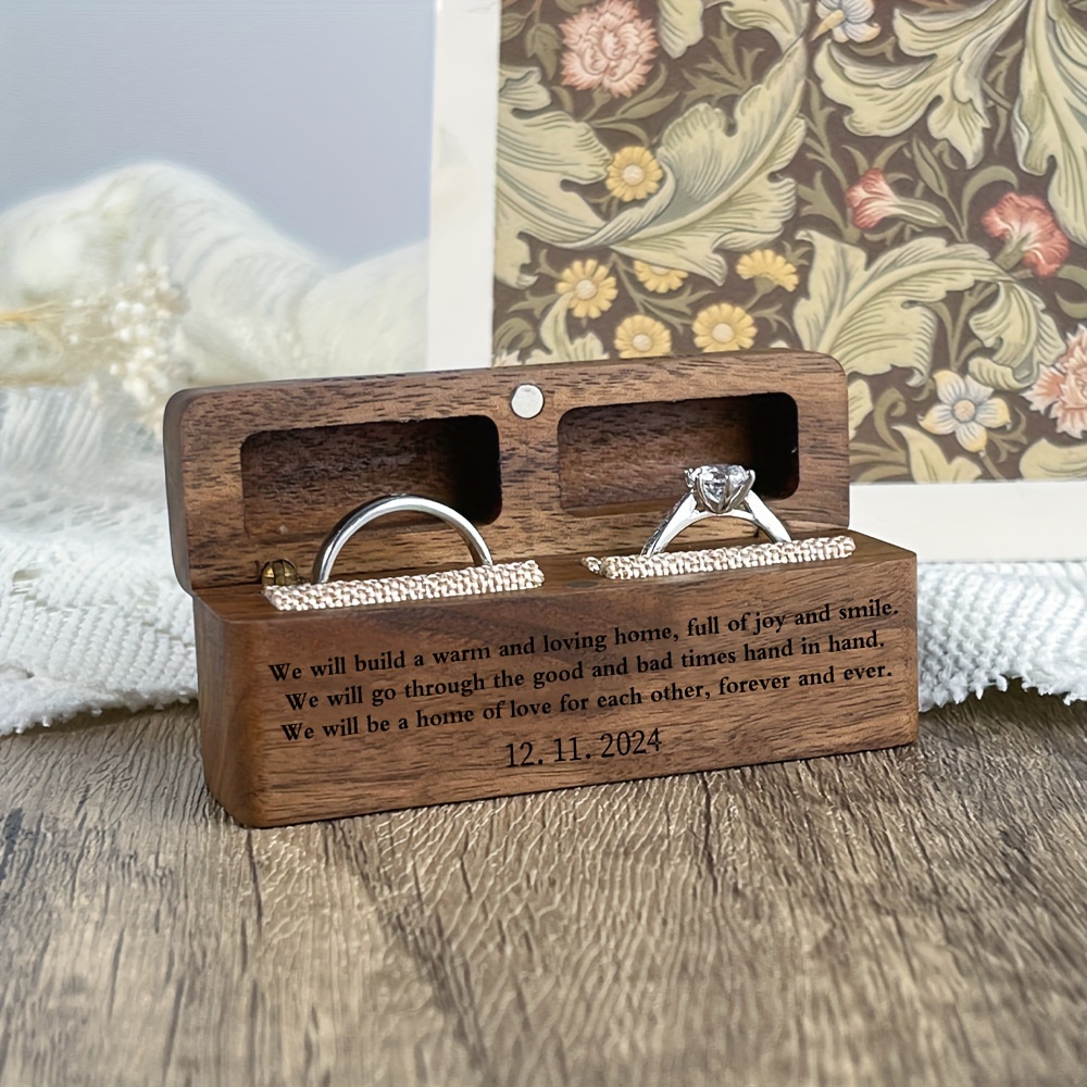 

Rustic Wooden Ring Box With Linen - 2-slot Engraved Flip Cover, Proposals & Engagements, Ideal Gift For Her