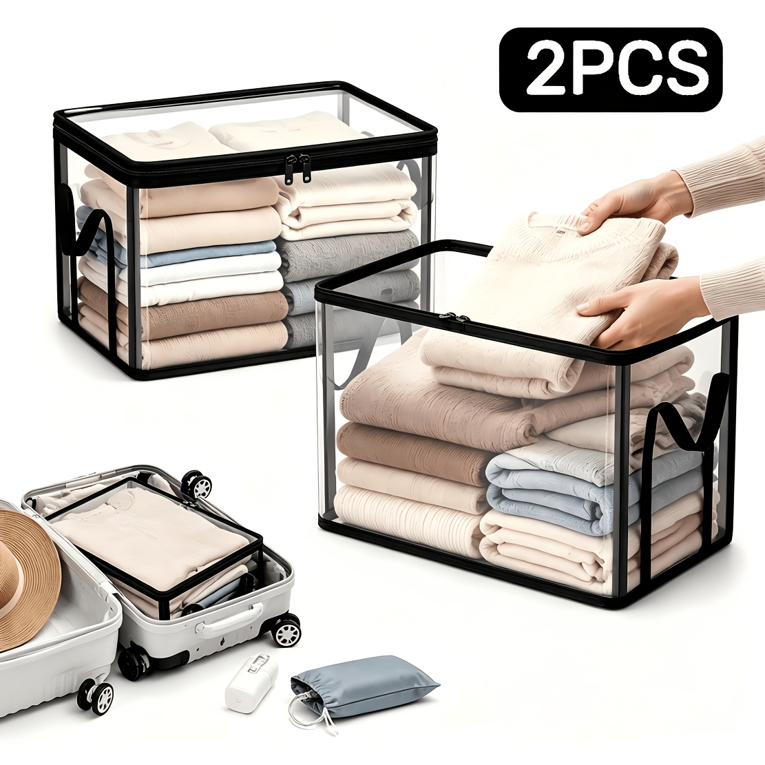 TEMU 2pcs Large Transparent Thick Plastic Storage Box With Hinged Lid, Reusable High-capacity Organizer Container, Ideal For Home, Camping, Travel,