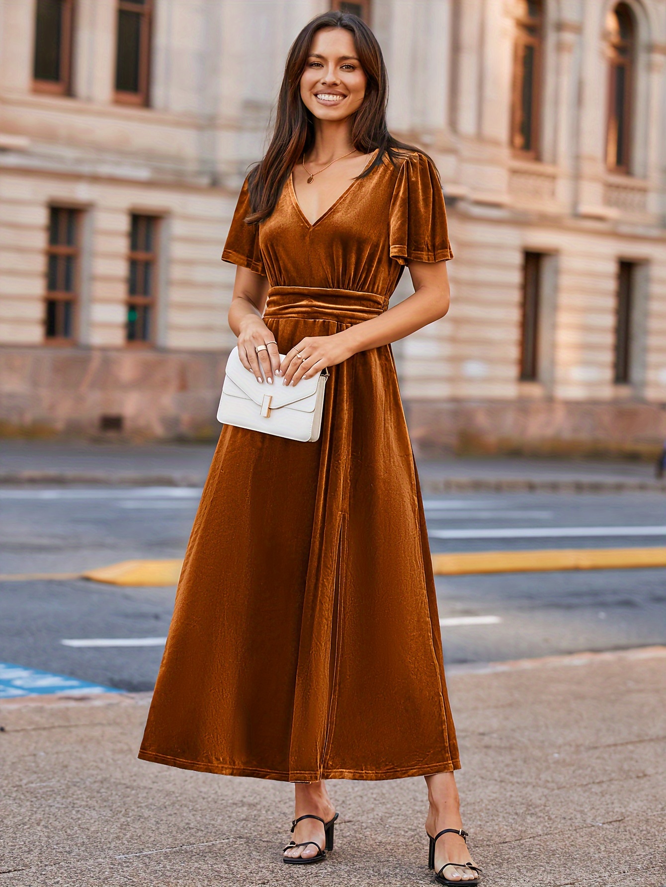 womens velvet maxi dress v neck short sleeve empire waist - Temu