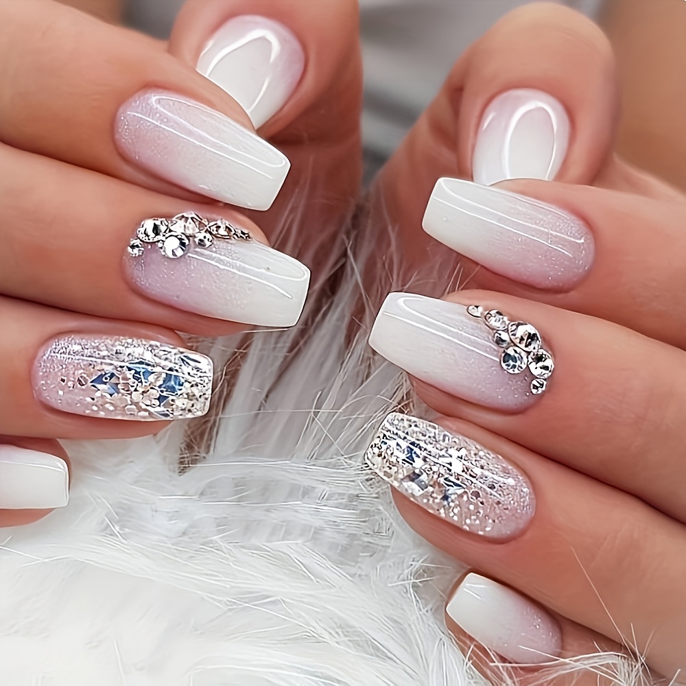 Image of 24pcs Glossy Short Coffin Press On Nails Pink And White Gradient French Style False Nails With Rhinestone Glitter Reusable Fake Nails For Women