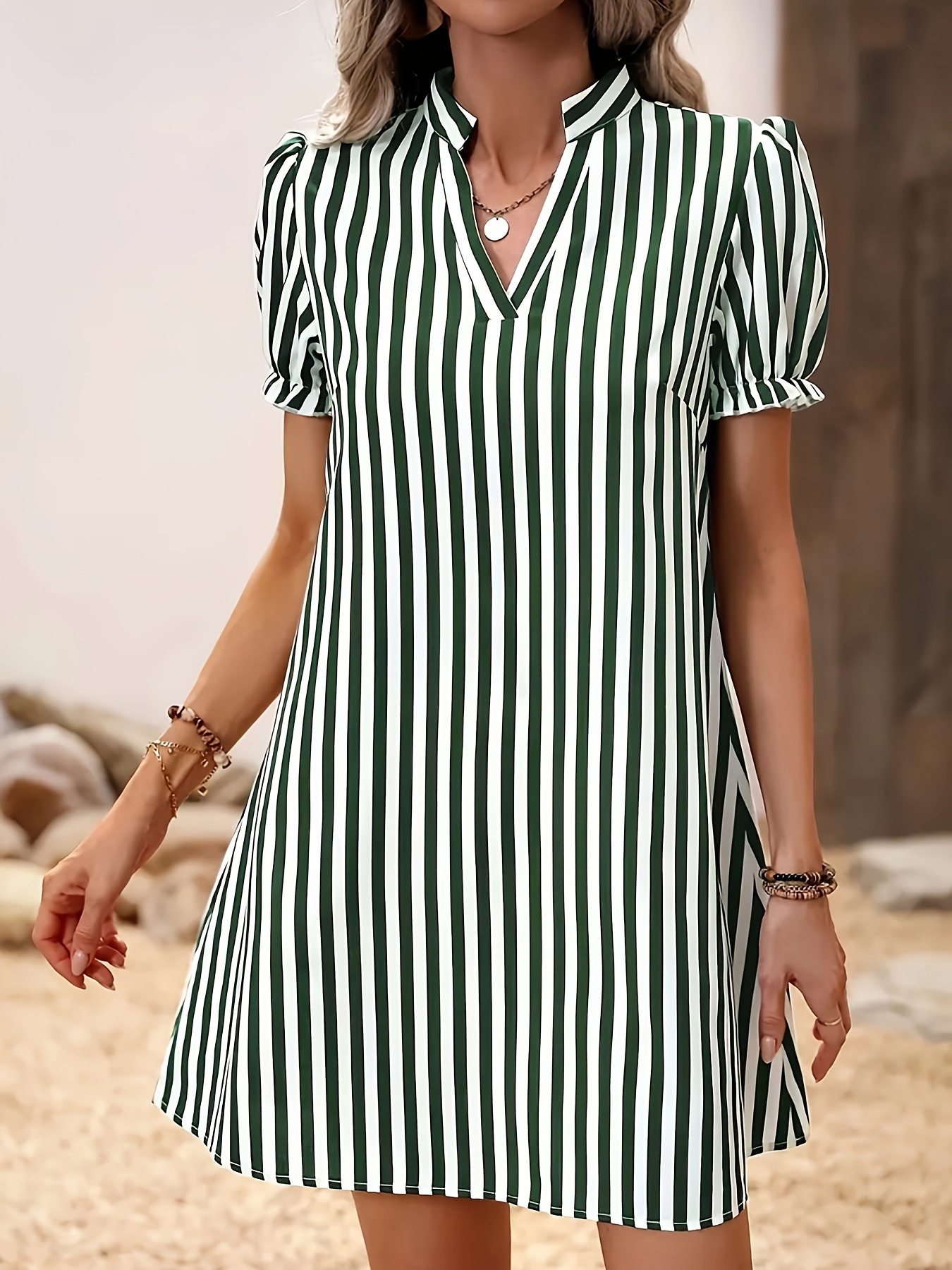 womens elegant striped v neck dress puff sleeves casual - Temu Germany