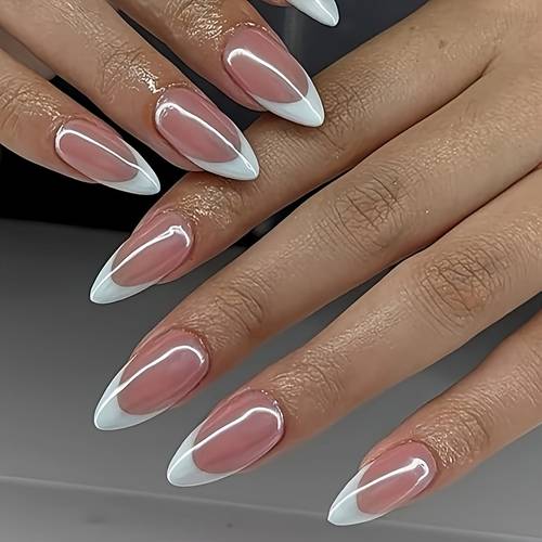 weiße mandelförmige acrylnägel zum aufdrücken im französischen stil, mittellang, mit -rosa-geleepaste-kleber auf kunstnägeln mit glitzernden, glänzenden designs, künstliche aufklebenägel für damen, 24 stück