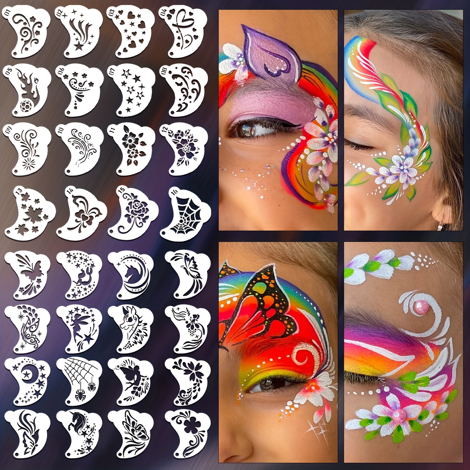 E-shop 1 Set/32 Stück Gesichtsmalerei Serie Malhilfe Schablonen für Make-up, Bälle, Cosplay, Karneval, Geburtstagsfeier, usw. Hohle Bunte Malvorlagen,