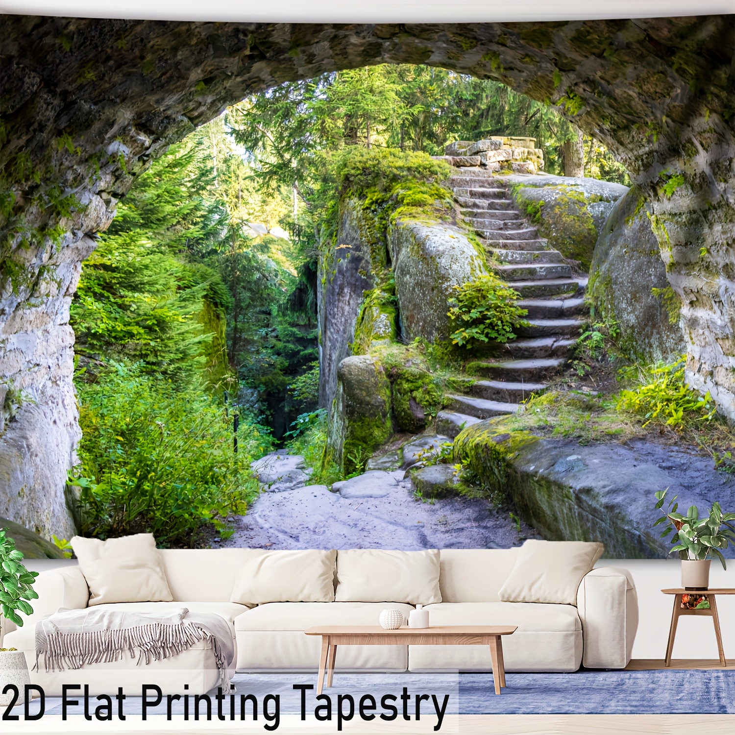 Oversized Cave And Forest 2d Printed Wall Tapestry For Home Decor_voghion.com