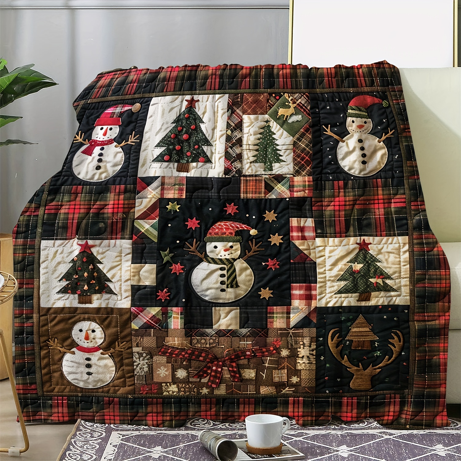 

Vintage Christmas Snowman & Tree Patchwork Throw Blanket - Soft Cozy Flannel All Seasons Multipurpose Knitted Digital Print Polyester Throw For Sofa, Bed, Car, Office, Camping, Travel - 59x78.7 Inches