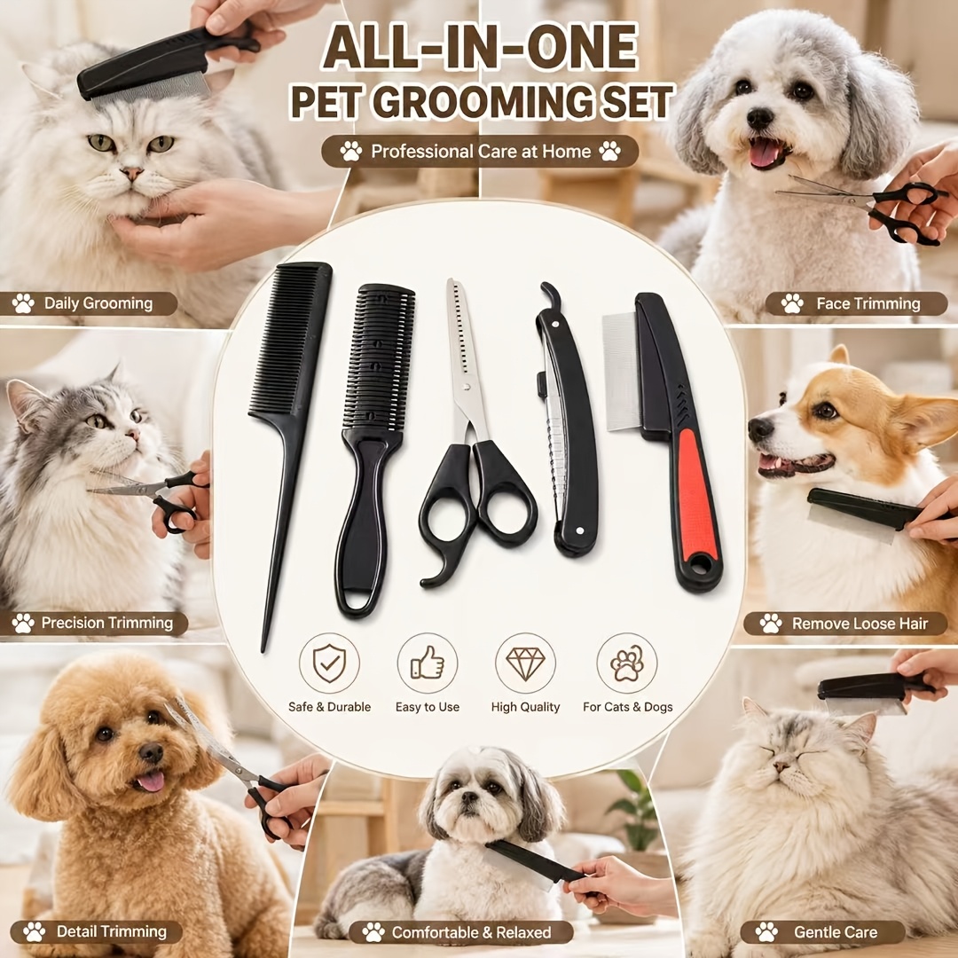 TEMU Professional Pet Grooming Scissors Kit, Stainless And Cat Grooming Tools Set With Straight Scissors, Curved Scissors, Thinning Shears And