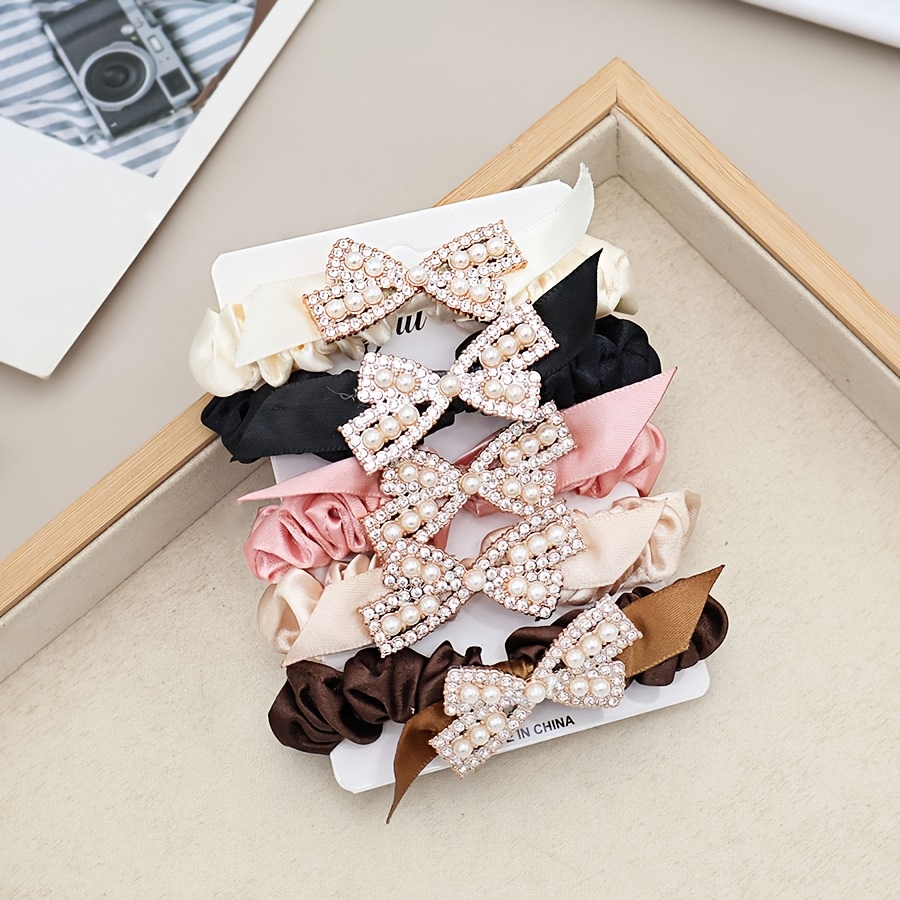 TEMU New 5pcs Women's Bow Hair Tie Set Champagne Beige Pink Coffee Black Casual Easy Hair Rope Hair Additions Ponytail Hair Styling Hair Decoration