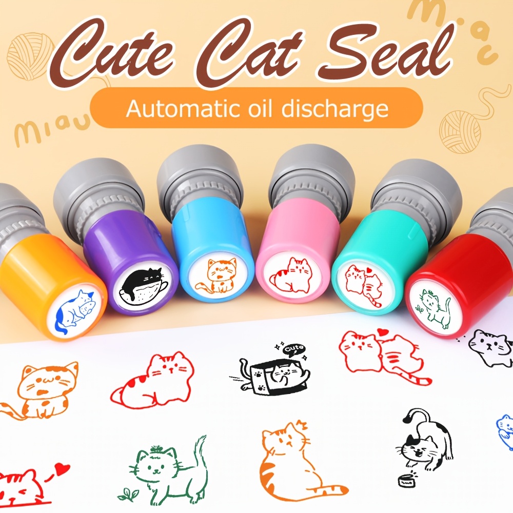 

1 Set Cute Cat Seal Stamp, Automatic Oil , Portable Round Plastic Stamp For Diy, Cartoon Pet Engraving, Clear For Teachers And Cognitive Teaching Tool, English Text