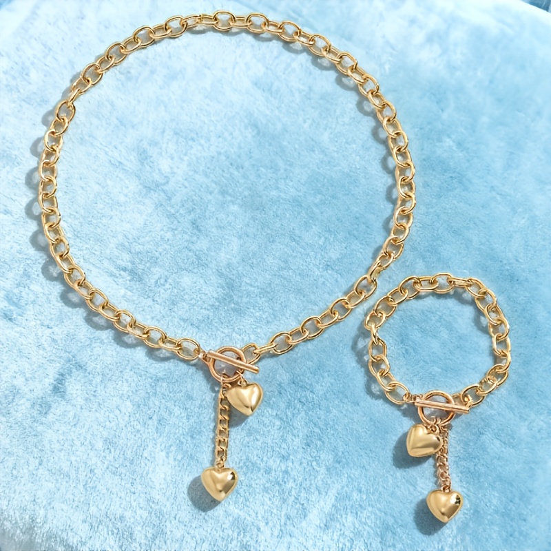 Image of 2pcs Niche Light Luxury Women' Steel Ot Pendant Necklace + Bracelet Fashionable Elegant Ot Peach Heart Set Suitable For Wedding Banquet Wear Additions Women's Jewelry Set