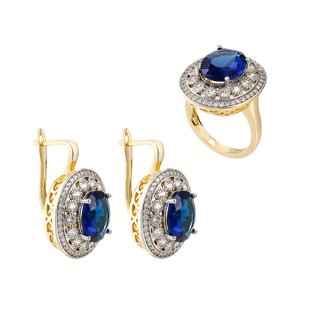 Two Tone Zirconia Oval Earrings & Ring Set 14K Golden Plated