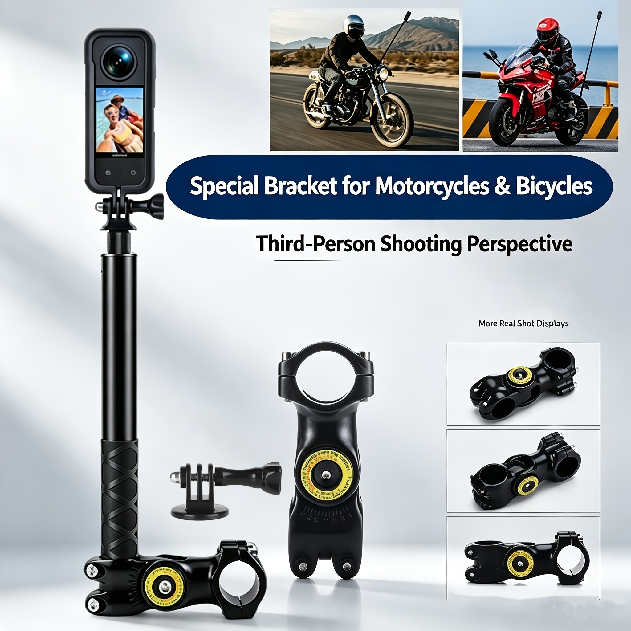 TEMU Adjustable Motorcycle/bicycle Handheld Selfie Stick, Third Person Pole Holder, With 1/4 "screw - Compatible With Pocket 4/ / X5/x4/x3 / Camera