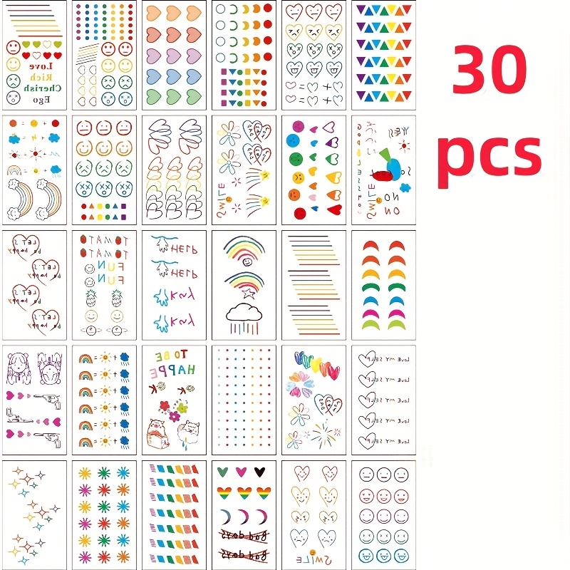 30pcs Of Colorful Doodle Temporary Tattoo Stickers, Featuring Faces, Hearts, And Line Styles. Perfect For Party Makeup And Suitable For Application On Fingers, Wrists And Collarbones.