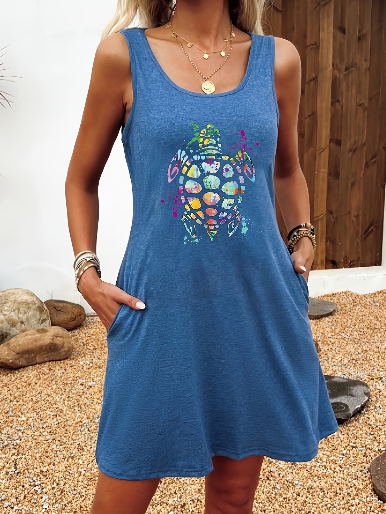 womens turtle print jersey tank dress crew neck knit fabric - Temu