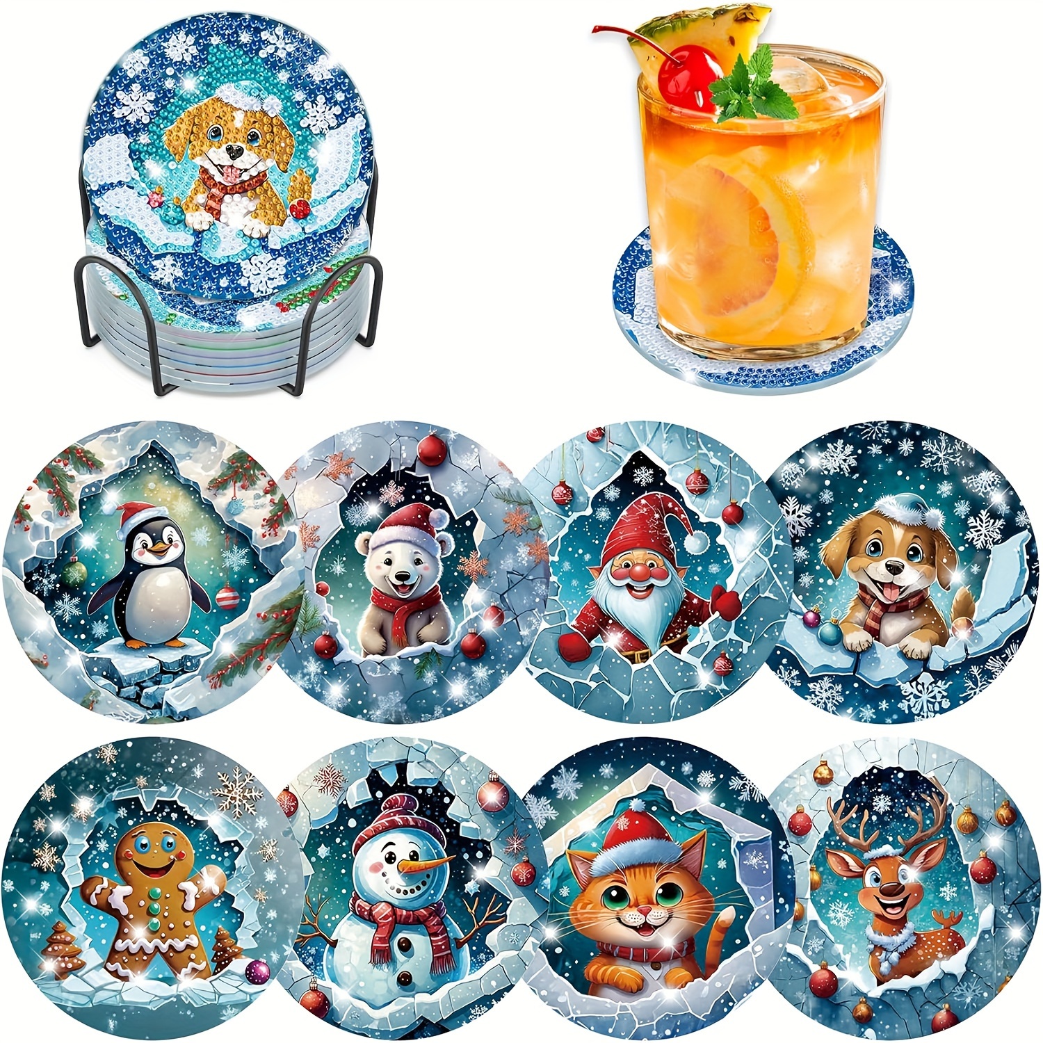 

8pcs Christmas Diamond Painting Coaster Set With Stand - Round Gem Art Kit For Beginners, Diy Craft Supplies For Adult Home Decor