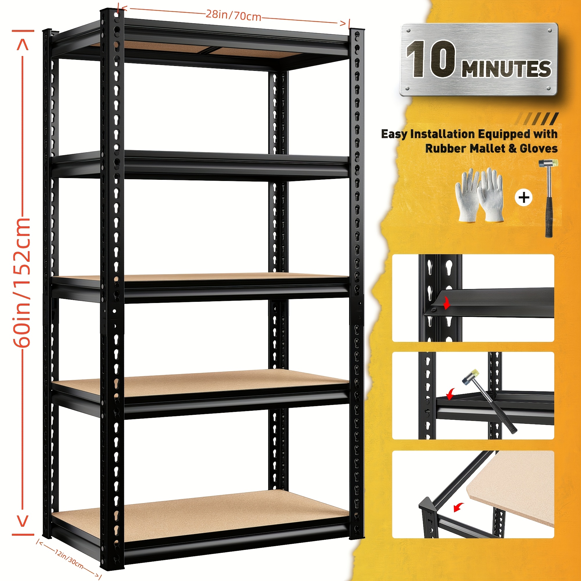 TEMU 2000lbs Heavy Duty 5-tier Galvanized Steel Shelving Units | Adjustable Utility Shelf Rack For Office, Classroom, Rental Room, Garage | 60" H X