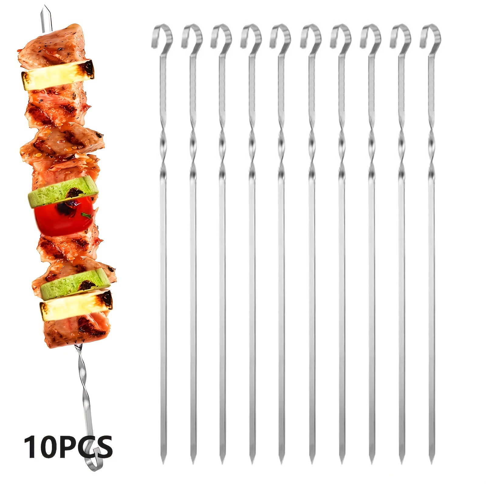TEMU 10/11pcs Stainless Steel Bbq Skewer Set (includes Basting Brush) - Ideal For Outdoor Grilling, Camping, And Picnics. Rust-resistant And Durable;
