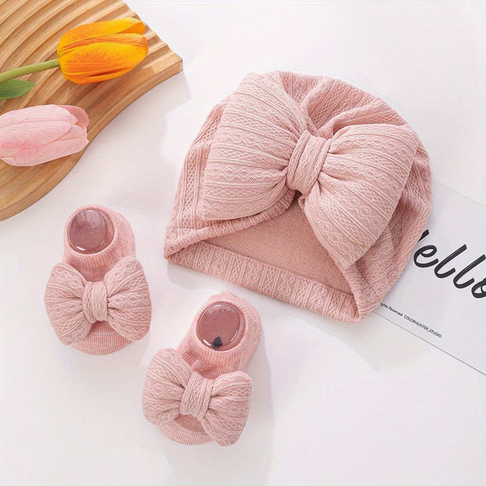 2pcs/Set Baby Hats&Socks Set Large Puff Bows Girls Beanies Caps 0-12m Non-Slip Short Sock Infant Newborn Turban Headwraps Photography Props