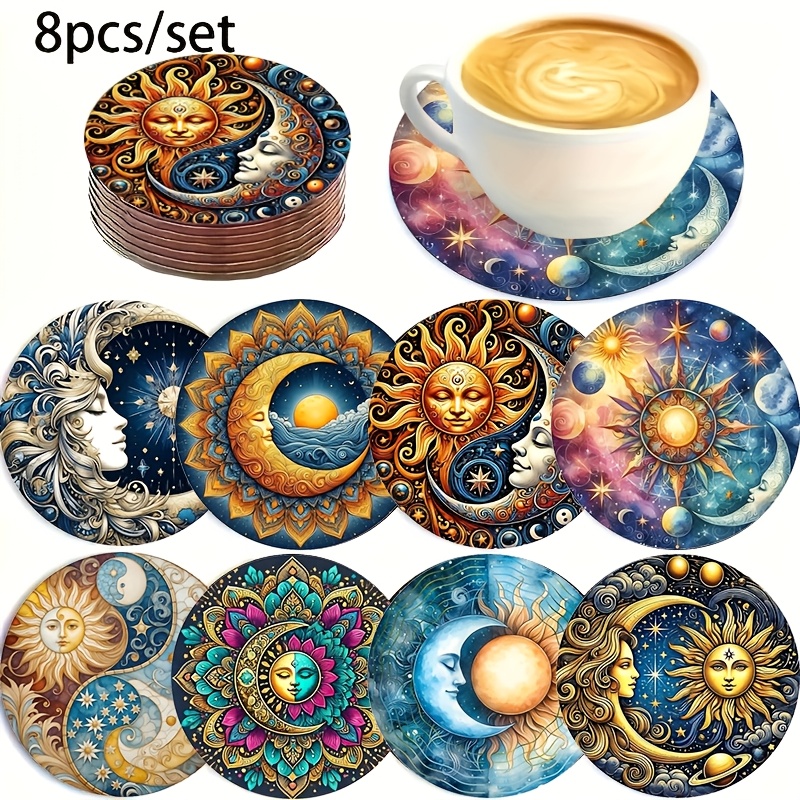 TEMU Set Of 8 Mandala Sun And Moon Coasters - Wooden Drink Mats For Coffee And Tea, Ideal For Yoga And Meditation Gifts, Bohemian Style Home