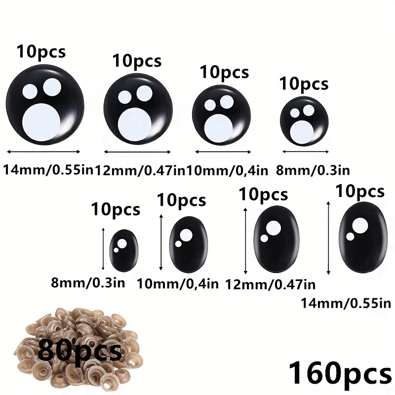 TEMU 160/320pcs Kawaii Craft Eyes - 8-12-14mm Black Crochet Eyes With Washers, Oval & Round Design For Stuffed Animals & Dolls, Crochet Toys, Stuffed