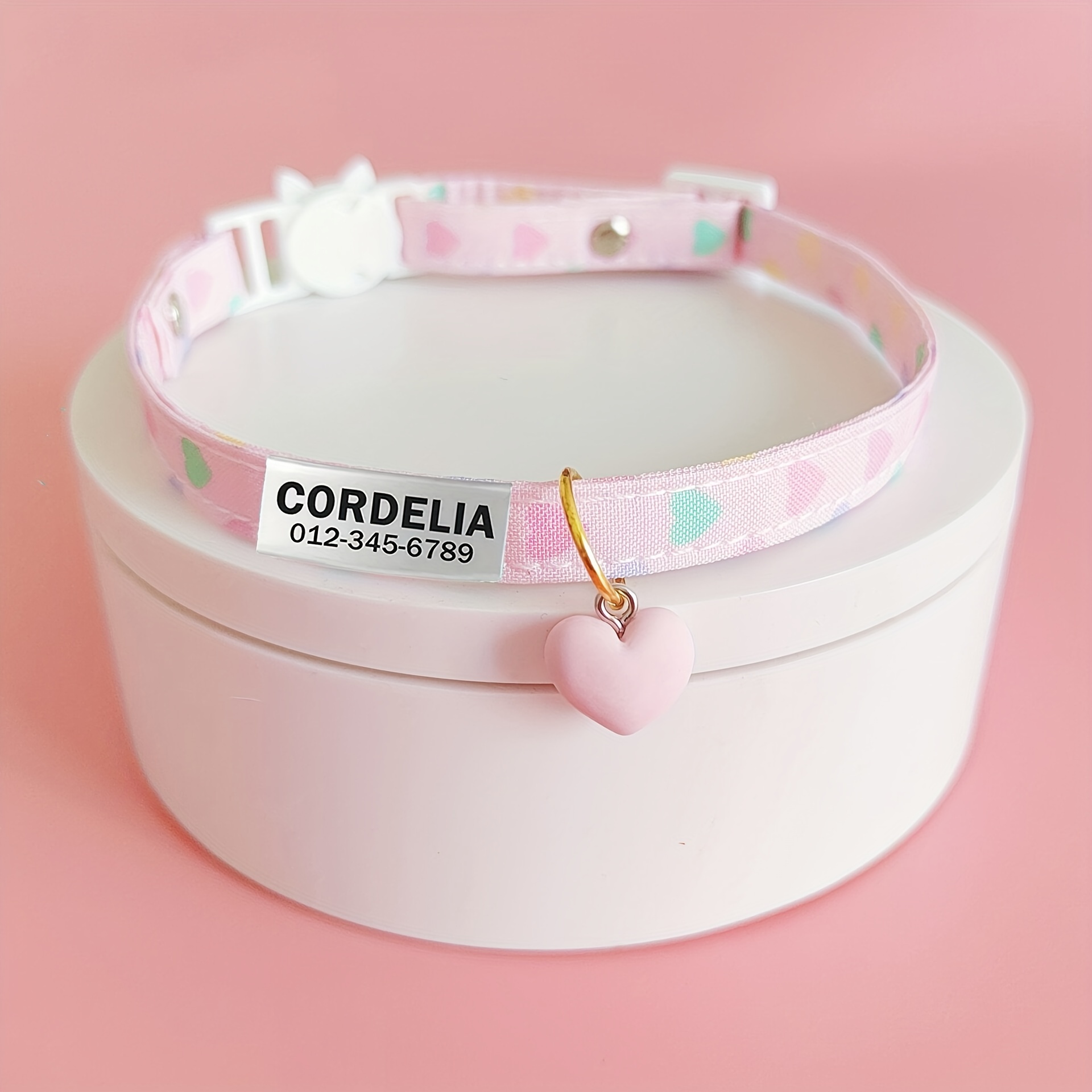 TEMU 1pc Personalized Heart-shaped Cat Collar And Pendant, Customizable Name & Phone Number Tag - Perfect Gift For Cats And Small Dogs