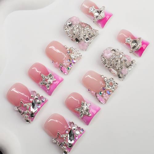 10pcs 100 handmade press on nails pink ombre short square y2k nails with silvery star charms rhinestones multi layer gel hand painted reusable removable set tool kit included for daily wear vacation party gift for women