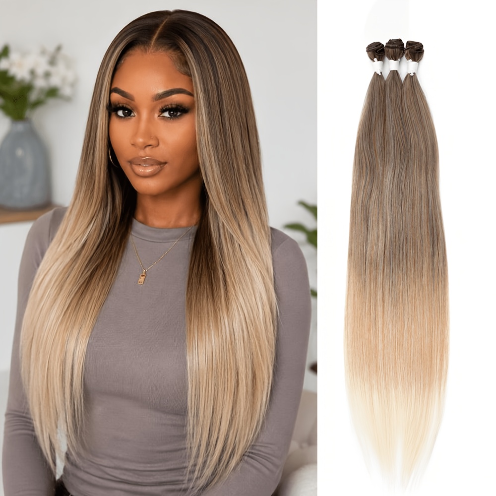 TEMU 22 Inch Straight Ombre Brown Blonde 3 Bundles Per To Wear Hair Extensions For Women, Halloween Cosplay Party Costume Hairstyle, Minimal Shedding
