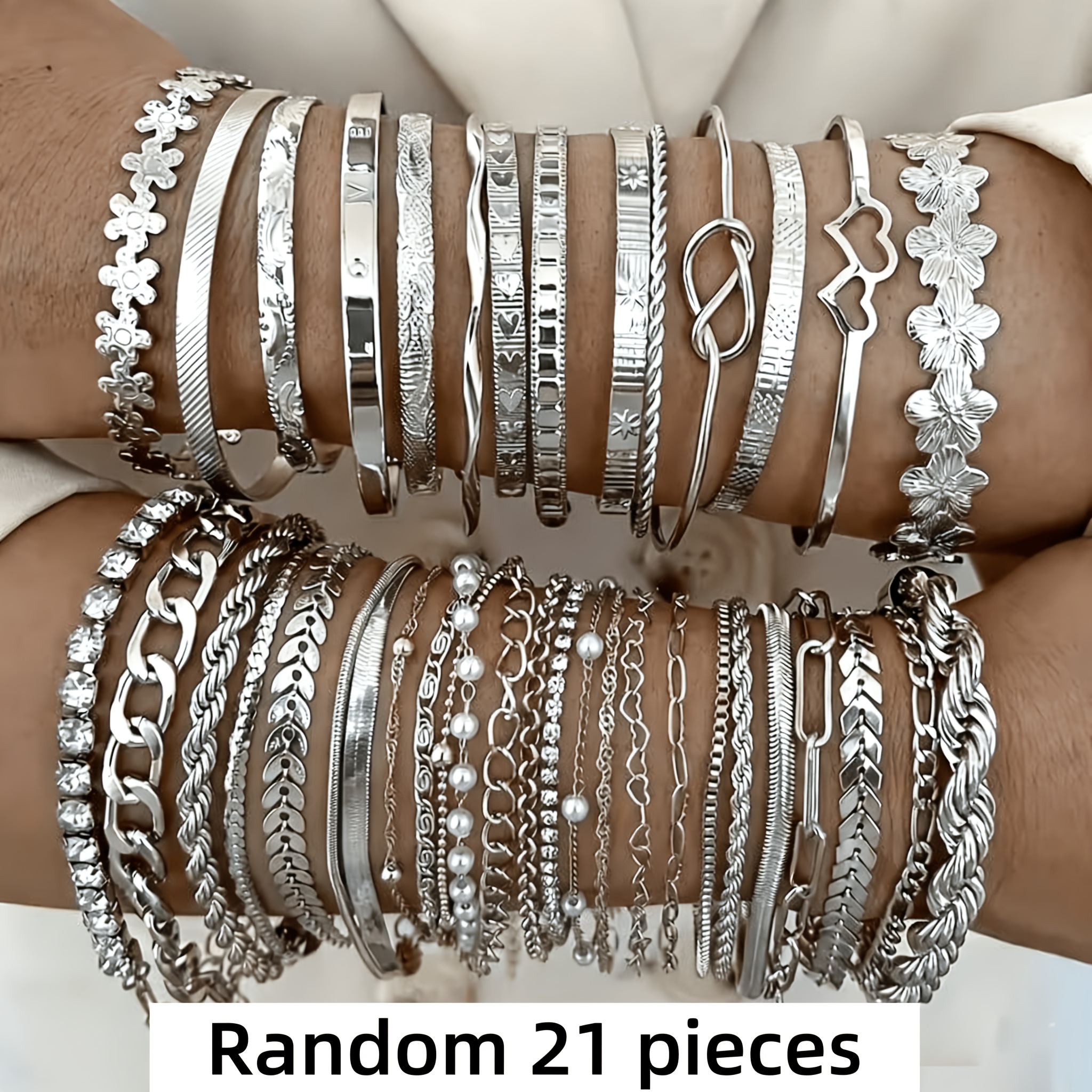 TEMU Lot de 18/21 pièces aléatoires. Ensemble de bracelets unisexes à strass, boîte tressée avec chaîne à fleur LOVE et double cœur évidé au design
