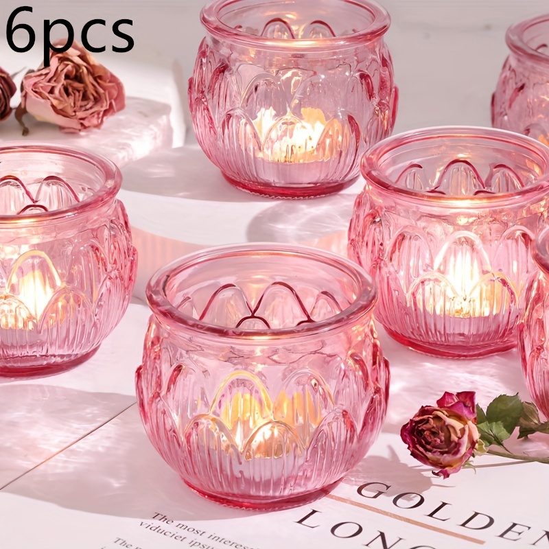 Image of 6pcs Pink For Lotus Glass Candle Holder, Glass Lamp Candle Holder, Used As Wedding Table Decorations, Birthday And Girls' Gift Party And Decorations, Pink Day Decorations