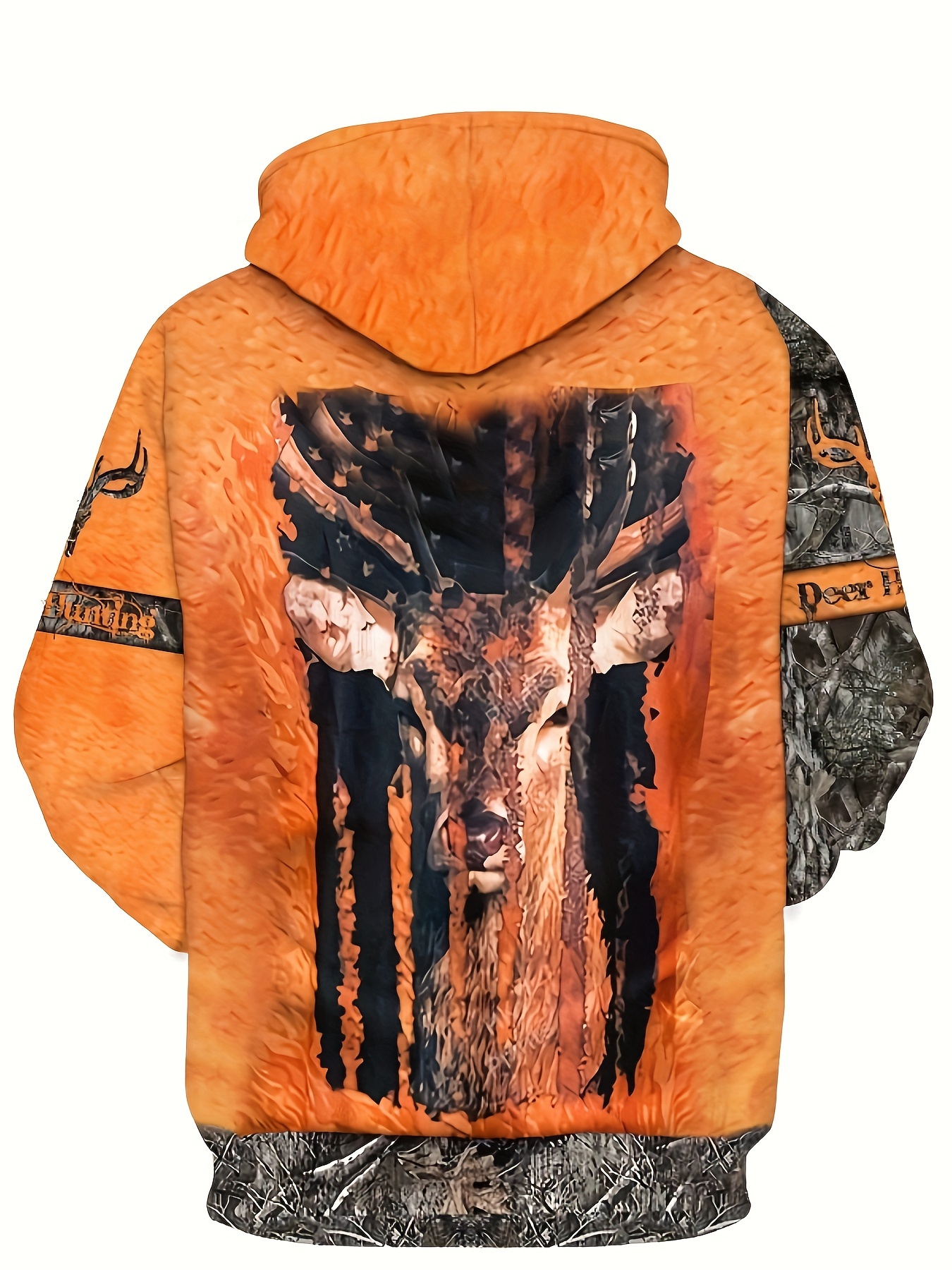 Vintage Style Deer Camo Print Hoodie Polyester Knit Fabric with Pockets,  Regular Fit Animal Pattern Sweatshirt with Stretch Hooded Collar