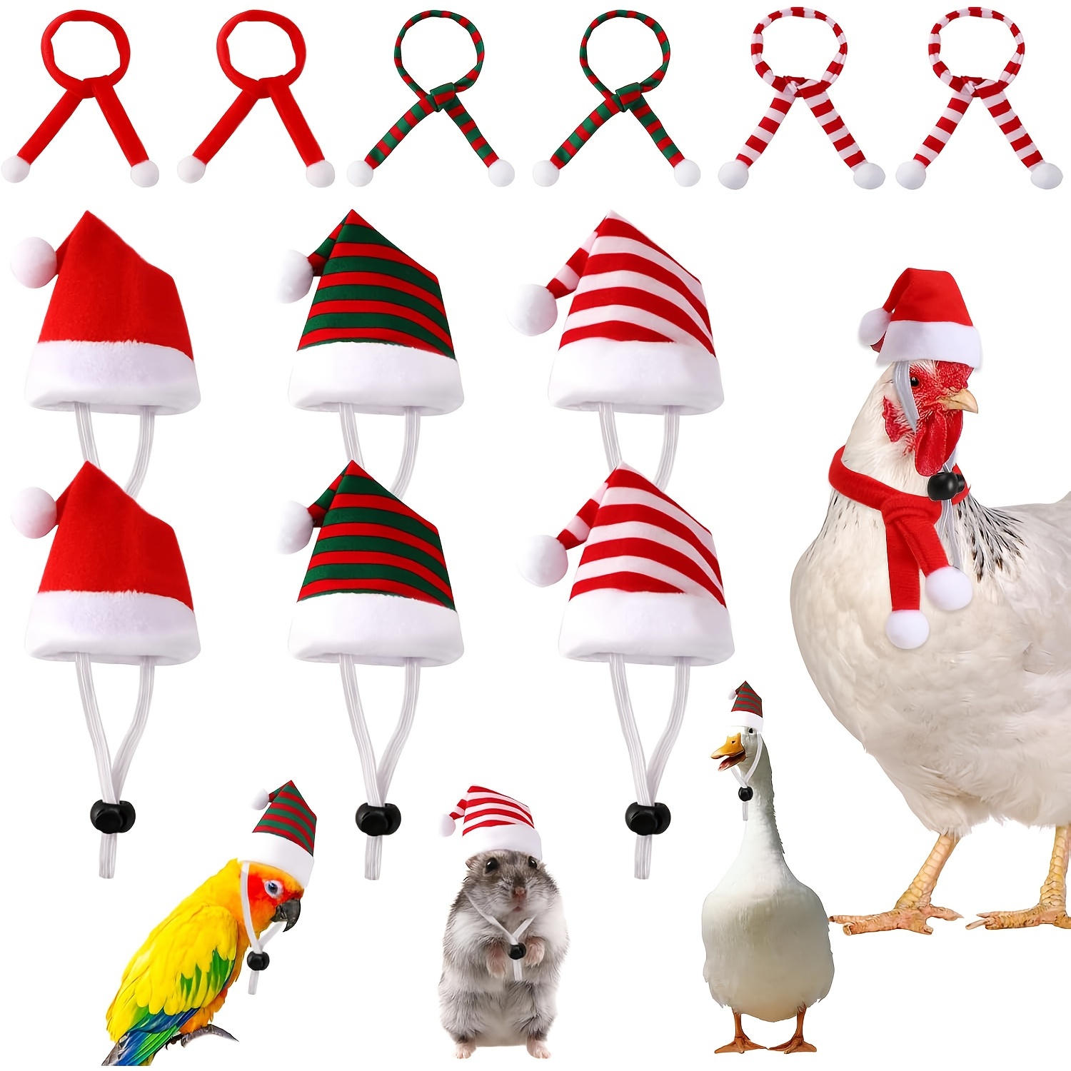 

12pcs Mini Santa Hats & Scarves Set For Pets - Adjustable, Red & Green Costumes For Chickens, , Ducks, Lizards & Guinea Pigs, Christmas Costume