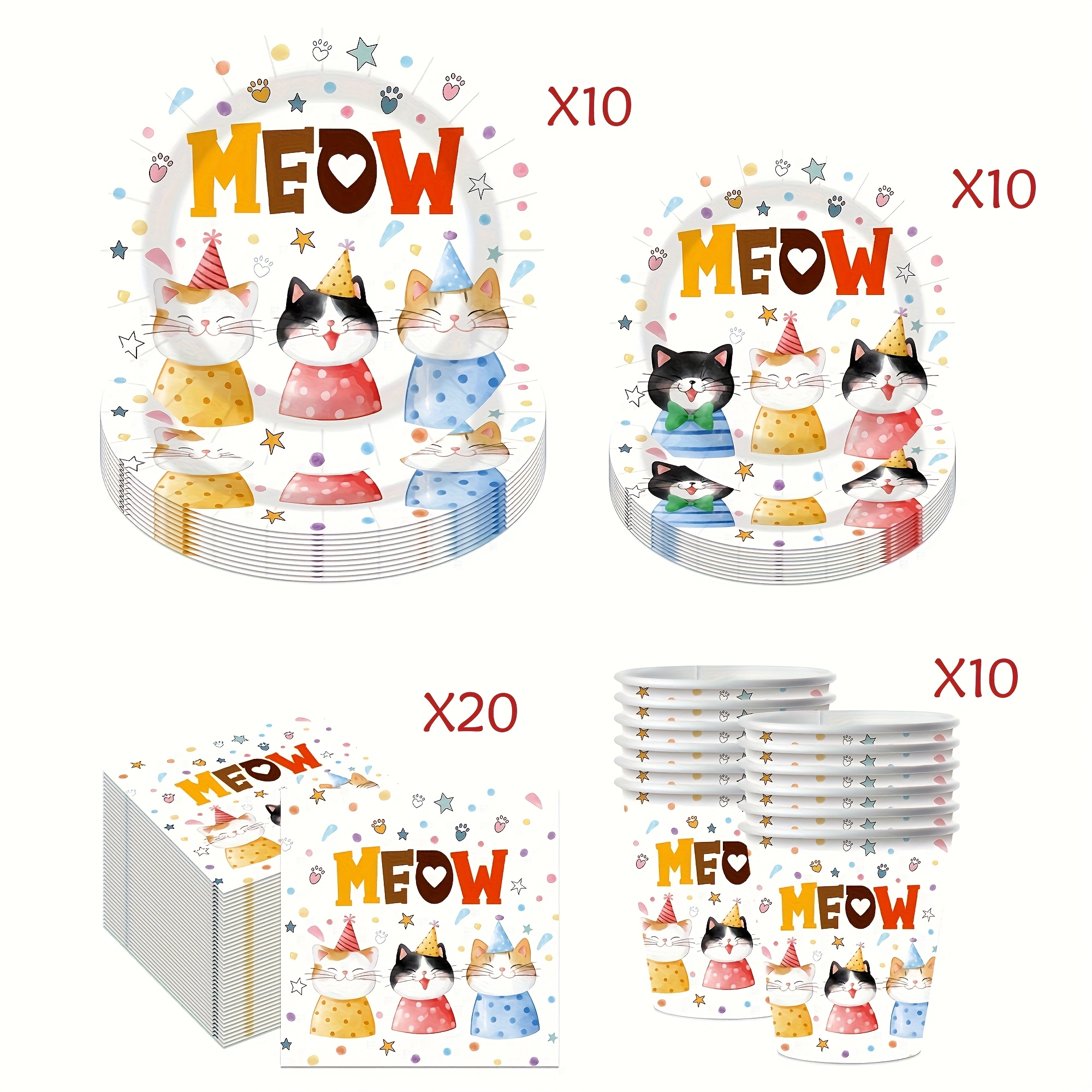 Image of 50 Cute Cat Birthday Gift Set, Includes Disposable 7-inch Dessert Plate, 9-inch Meal Plate, 9-ounce Paper Cups, And 20 Napkins, Suitable For 10 Guests, Suitable For Birthday Parties, Festive Supplies
