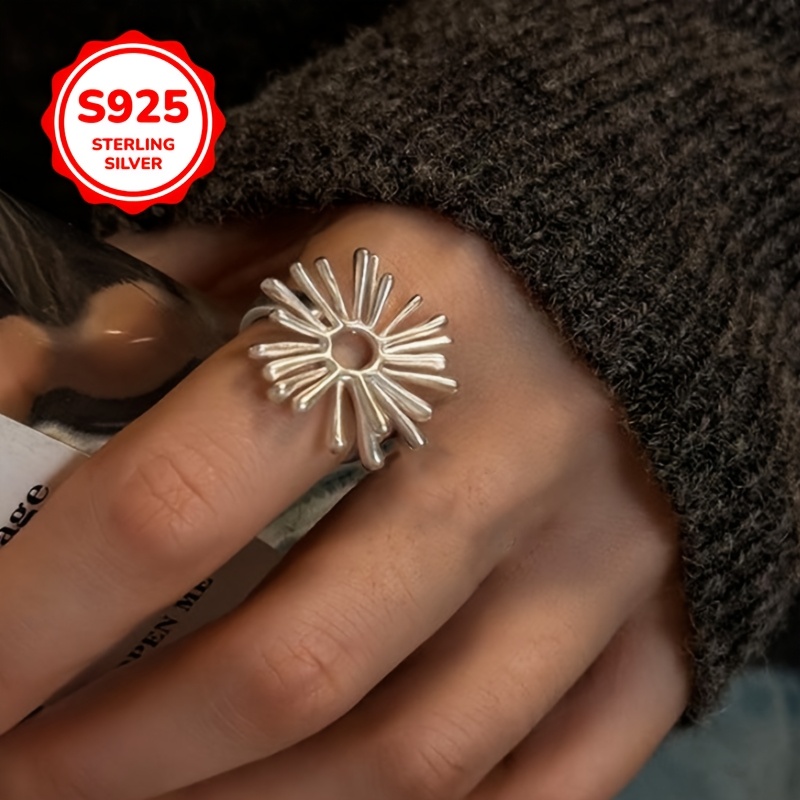 925 Silver Flower Ring Geometric Design Adjustable Vintage Style