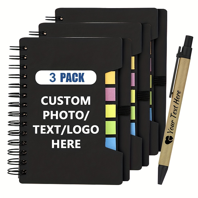 TEMU 3 Pezzi Set di Quaderni Spiralati Portatili con Personalizzabile /Testo/, Penna, e Segnalibri Colorati, per Ufficio, Scuola o Viaggio, Accessori