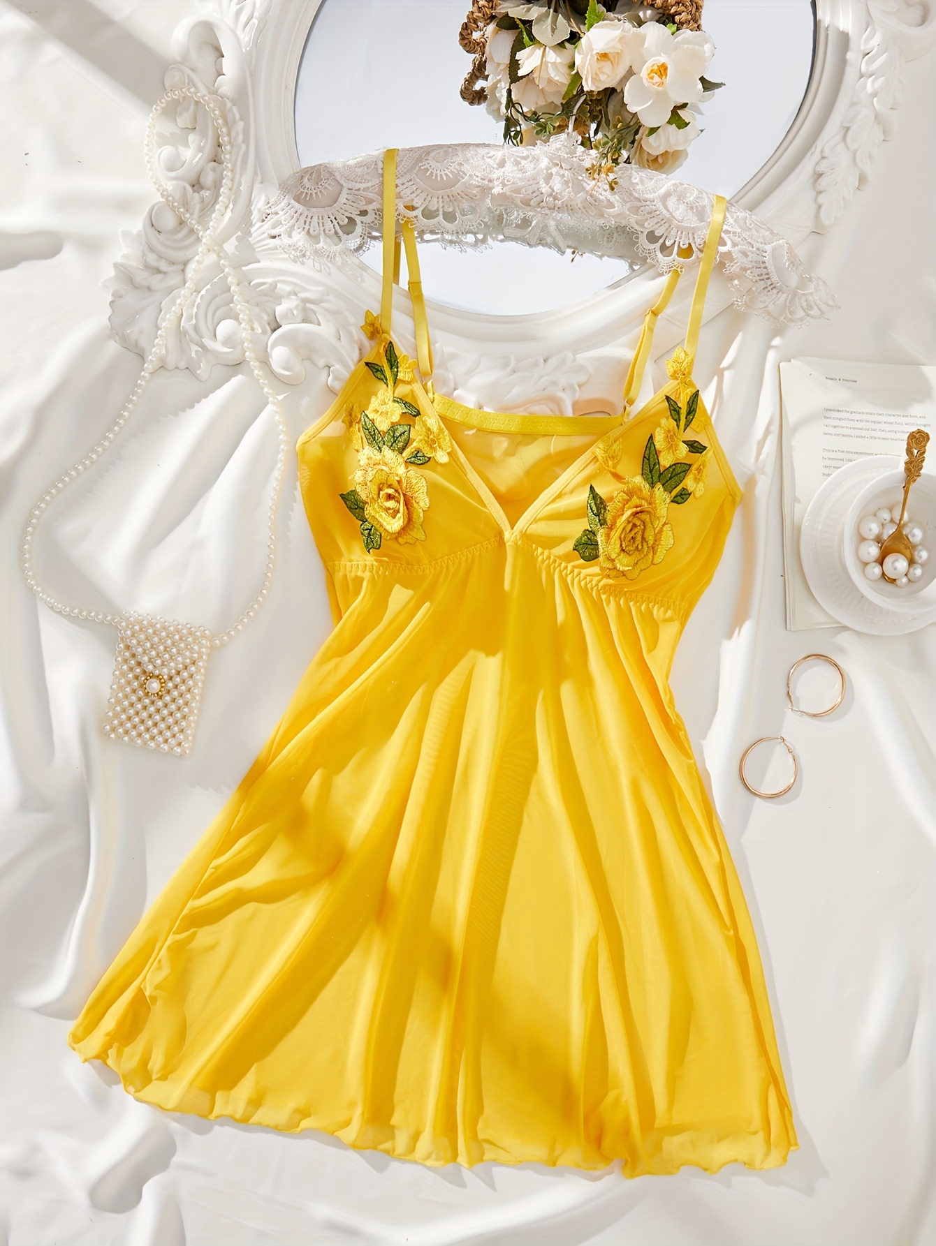 Camisón Sexy de Malla Transparente para Mujer Camisa de Dormir sin  con Escote y Espalda con Bordado de Rosas, Ropa In