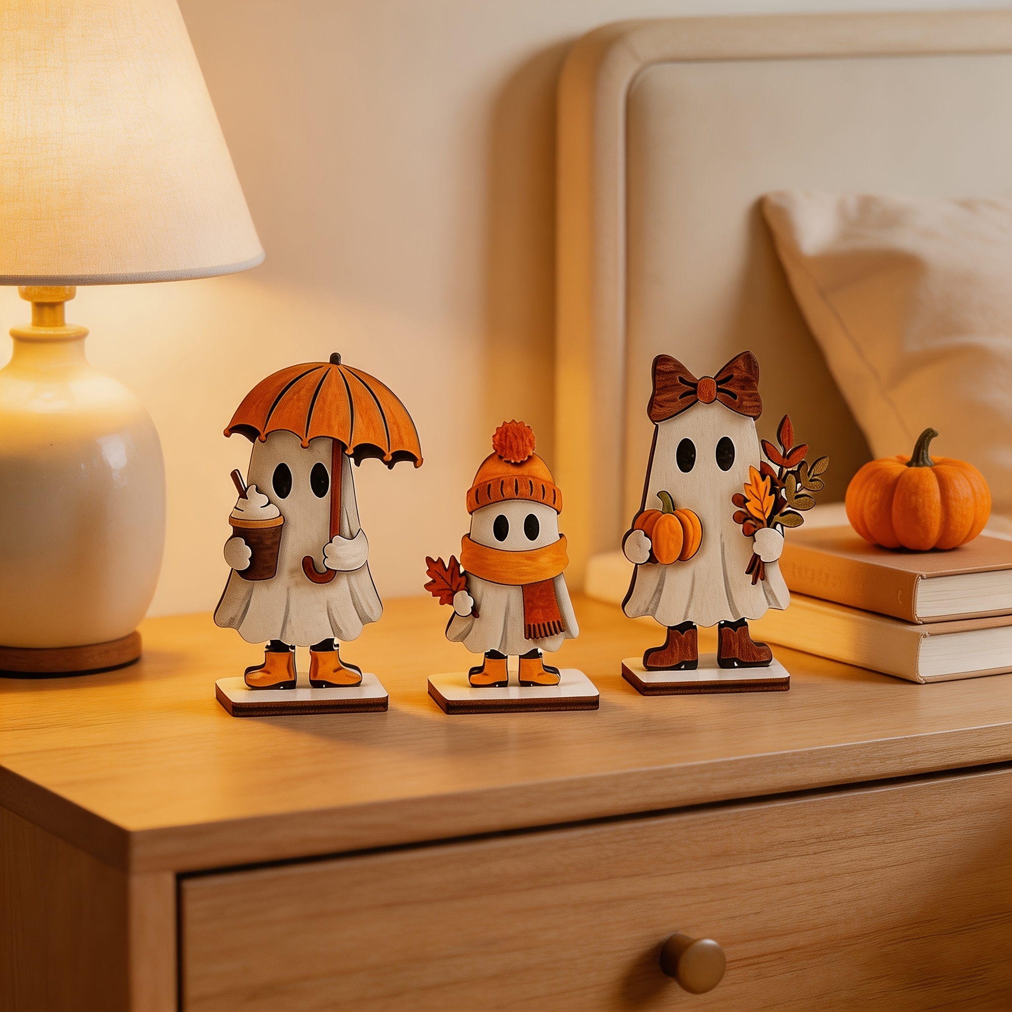 TEMU 2d Flat, 3pcs Influencer Halloween Wooden Tabletop Ornaments, Wooden Desktop Decoration, Cartoon Tabletop Craft, Suitable For Halloween Party