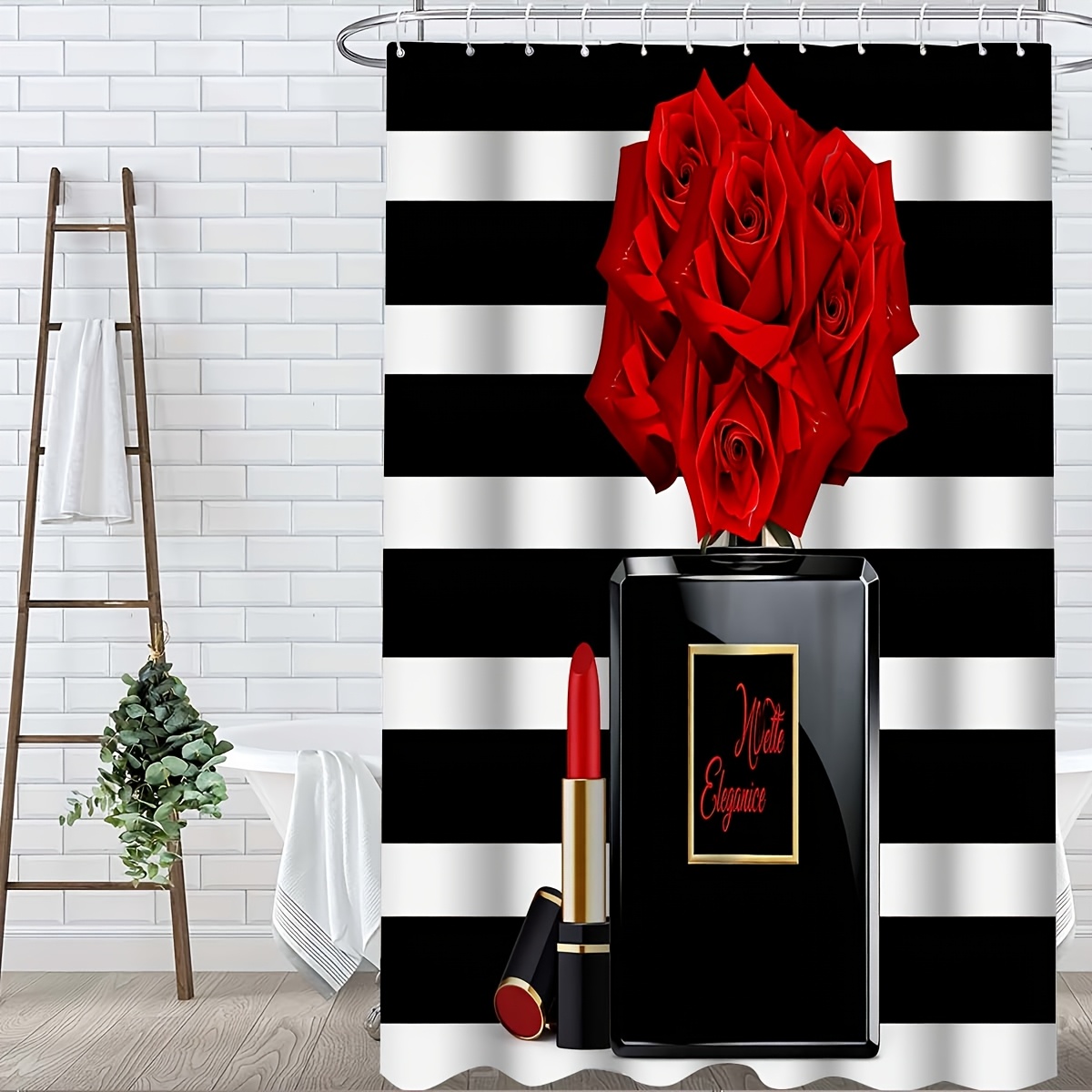 4pcs Classic Red and Black Rose Shower Curtain Set