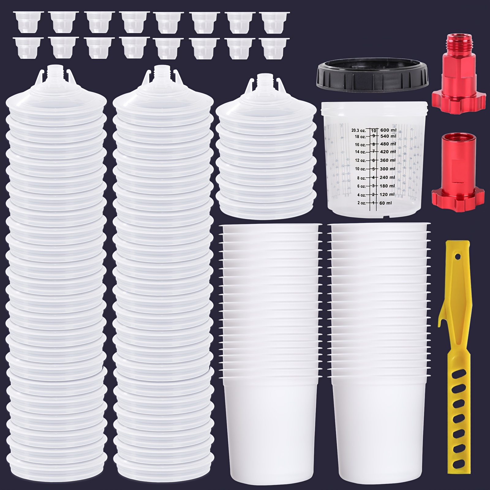 TEMU 50 Set Of Disposable Spray Mixing Plastic Cup Lid And Spray Cup Filter Lid, With 2 Adapters And 1 Stirring Rod, 600ml/20.29oz Mixing Cup