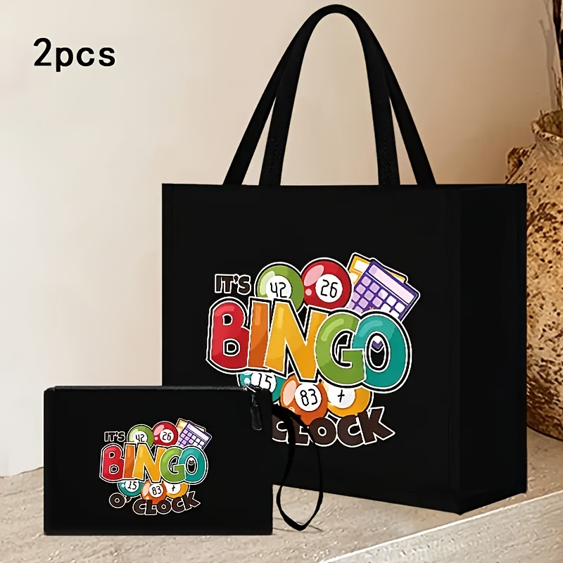 

2pcs/set Bingo Print Tote Bag With Makeup Pouch, Fashionable Linen Shoulder Bag For Women, Large Capacity, Student Class Tutoring Bag, Fashion Style