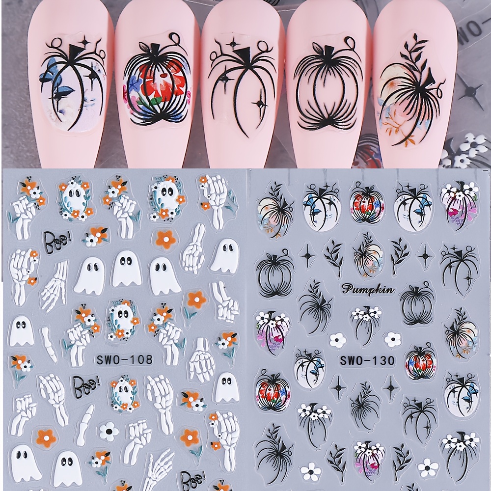 Image of 2 Sheet Embossed Autumn 3d Nail Stickers Flowers Pumpkin Fall Leaves Floral Halloween Nail Decals Festive Nail Decorations Diy