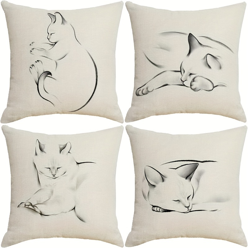 

4pcs Artistic Cat Throw Pillow Covers - Contemporary Animal Illustrations, 18"x18", Polyester, Machine Washable With Zip Closure - Ideal For Sofa & Couch Decor