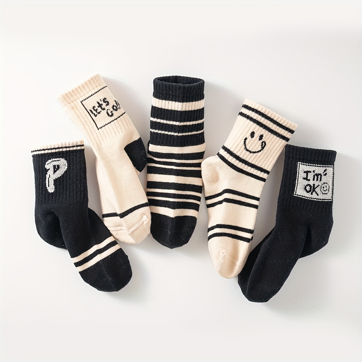 Image of 5 Pairs Of Made Of Cotton With Autumn And Winter Stripes, With A Soft And Breathable Feel, Sweat Absorbing And Socks For Students Aged 1-12, Simple And